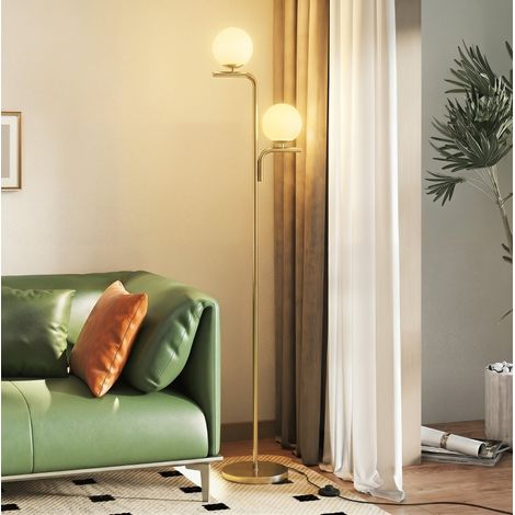 Lámpara de pie LED dorada con dos pantallas de vidrio, 3 temperaturas de color y bombillas E27 incluidas, con interruptor de pie  CHICFURN para salón y dormitorio (1/5)