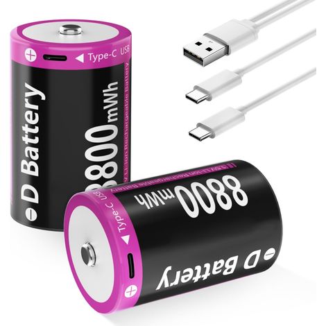 Piles Rechargeables Type D, 8800mWh Lithium D Cellules avec de Charge USB-C, 1,5V D Taille Cellules de Rechargeables la Batterie Remplace la Pile LR20, Lot de 2 (1/5)
