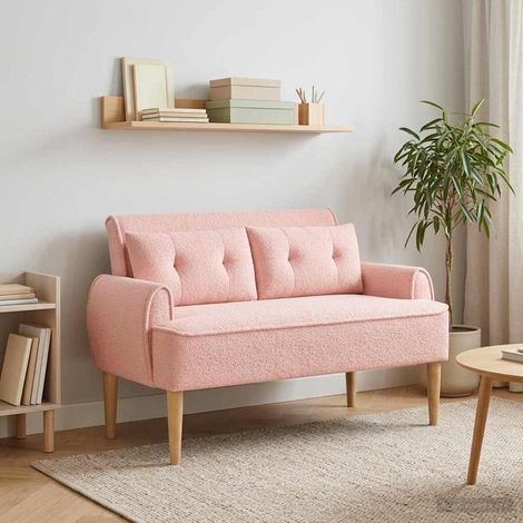 Canapé 2 places rose en bouclé, capitonné à boutons, coussin amovible, 117 x 67 x 77 cm - PANGIVO (1/5)