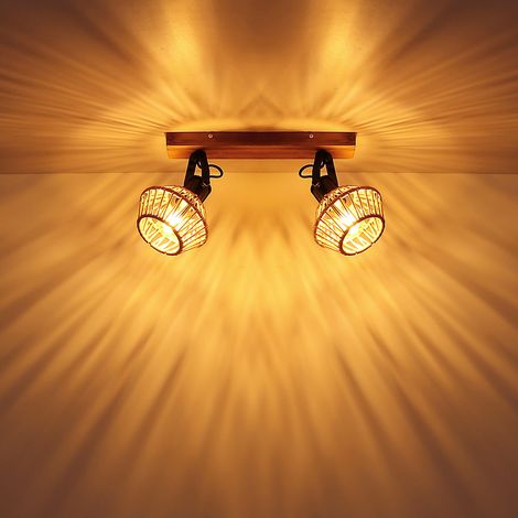 Lampada da soffitto Plafoniera Luce da soggiorno Corda di canapa effetto legno regolabile, metallo nero, 2 fiamme E27, LxLxH 38x16x25 cm