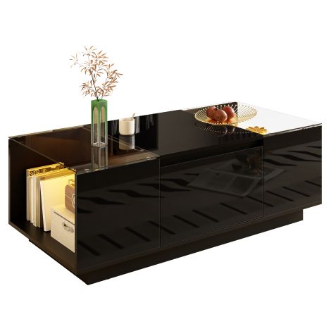 Table basse moderne et minimaliste, avec espace de rangement, éclairage d'ambiance LED, plateau en verre et 2 tiroirs.