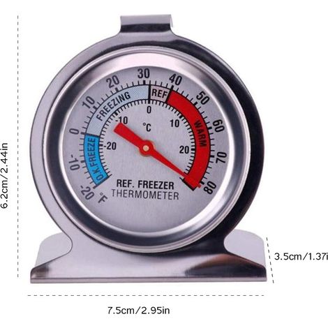 Thermomètre pour réfrigérateur et congélateur cadran large en acier inoxydable avec crochet (1/2)
