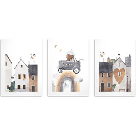 Affiches pour enfants Décoration murale Ville Ours en peluche Voiture 3x 30x40 (1/5)