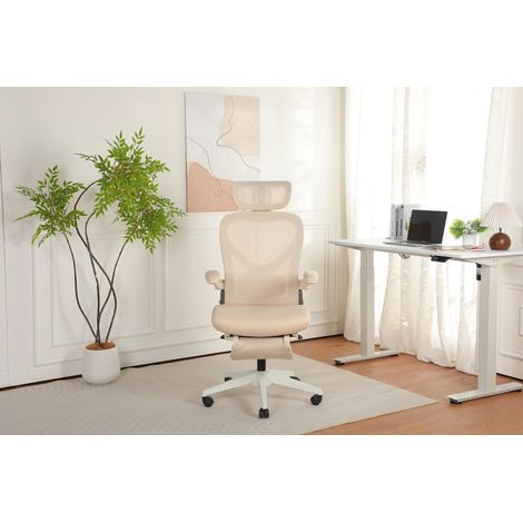 Irovami Chaise de bureau ergonomique pliable crème Assise mousse, soutien lombaire, appui-tête 3D, accoudoirs rabattables