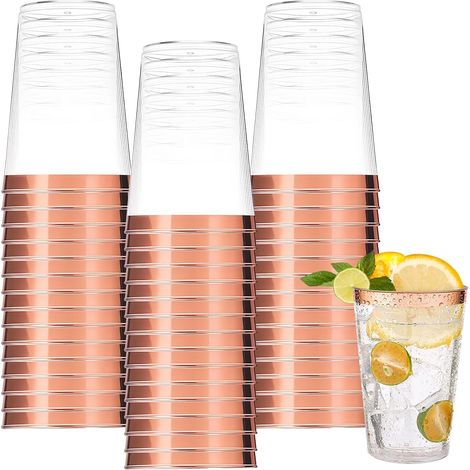 Set mit 60 wiederverwendbaren 300-ml-Partybechern aus Hartplastik mit roségoldenem Rand, für Getränke, Cocktails, Geburtstage und Hochzeiten (1/5)