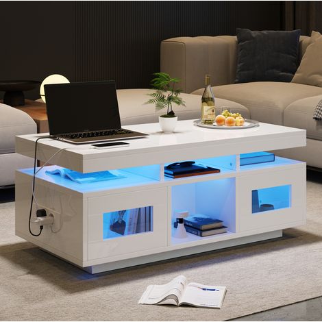 Mesa de centro 100 x 50 x 43 cm blanca con LED RGB, enchufe y puerto USB, almacenamiento, DESVIAE (1/5)