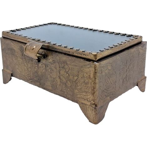Joyero de latón repujado dorado con tapa de cristal 11 cm (1/5)