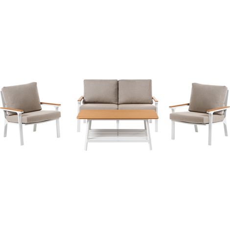 Conjunto moderno de jardín de aluminio de 4 piezas sofá sillones y mesa de centro con cojines gris pardo Orero