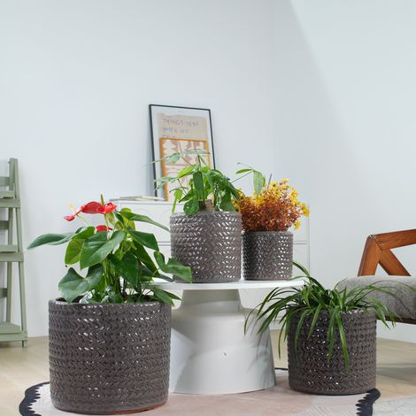 Vaso per piante in ceramica Ø31 cm, grigio lucido con rilievo a spina di pesce HAVRYA (1/5)