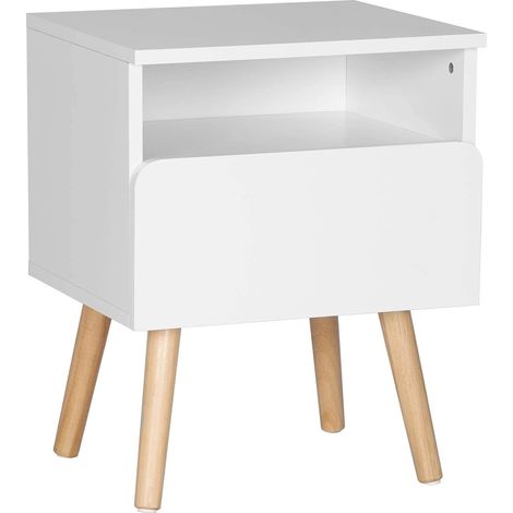 WOLTU Nachttisch Nachtkommode Nachtschrank Beistelltisch Sofatisch, mit Schublade und Offenem Fach, mit Beinen, Holz, Weiß, 40x33,5x50cm(BxTxH)