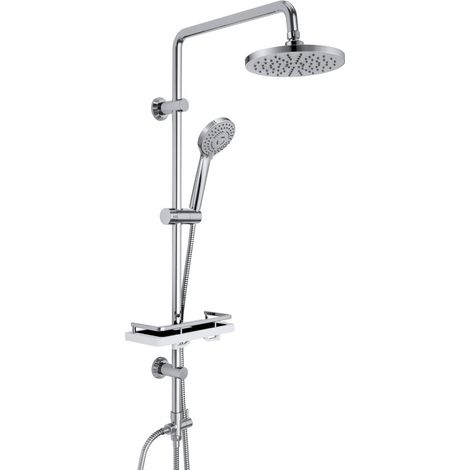 Görbach Colonne de douche sans robinetterie en acier inoxydable, système de douche avec supports réglables pour installation existante, pommeau de pluie ABS 20 cm et étagère, chromée