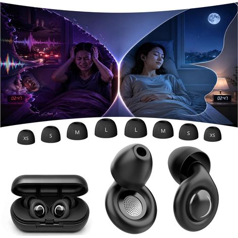 Tapones para los oídos para dormir [Versión mejorada 2026] Cancelación de ruido de 45 dB, reutilizables, de silicona suave y ergonómica, 4 tamaños (XS/S/M/L), adecuados para dormir, viajar, concentrar (1/5)