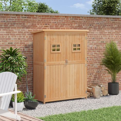 Armoire de jardin bois sapin pré-huilé 127,5x50x164cm, 2 étagères 2 portes 2 fenêtres, toit bitumé étanche, naturel, rangement extérieur