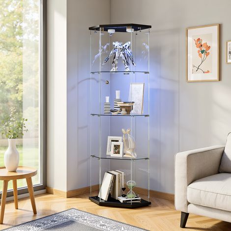 Vitrine d'angle en Verre avec Éclairage tactile, Vitrines à cinq coins avec 1 Porte 4 étagères Verre, Meuble Vitrines, pour chambre, salon et salle à manger, 60 x 40 x 162 cm, Noir (1/5)