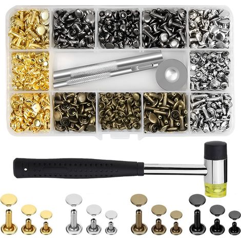 Rivet Set - Metal Leather Rivets 6x6 mm 8x8 mm 8x12 mm - For Leather Crafting Shoes Bags Repair - 360 Pieces With Rubber Mallet And 3-Piece Installation Tool (1/5)