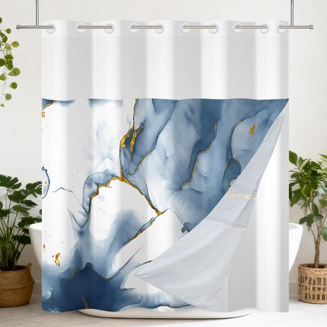 Rideau de Douche sans Crochet, Double Couche, Luxueux, Motif marbre Bleu et Or, avec Fermeture à Pression, fenêtre Transparente, imperméable et décoratif pour Baignoire, 180x200cm (1/5)