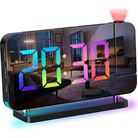 Reloj despertador digital arcoíris ThreeH con proyección de luz LED grande, espejo, luz nocturna colorida, dos puertos USB, función de repetición, atenuación y volumen ajustable. Color negro. (1/4)