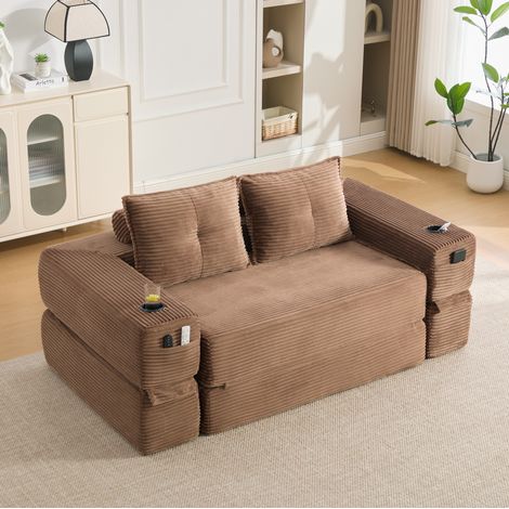 Divano letto 180x98x80 cm, multifunzionale, con tasche laterali e portabicchieri, in corduroy marrone (1/5)