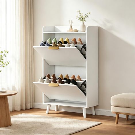 Zapatero estrecho con capacidad para hasta 12 pares de zapatos, mueble zapatero con 2 puertas abatibles y estantes ajustables para el recibidor. (1/5)