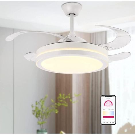 Ventilateur de plafond rétractable de 107 cm avec éclairage, ventilateur de plafond moderne sans pales avec éclairage LED et télécommande, ventilateur de plafond intelligent blanc pour chambre à couch (1/5)