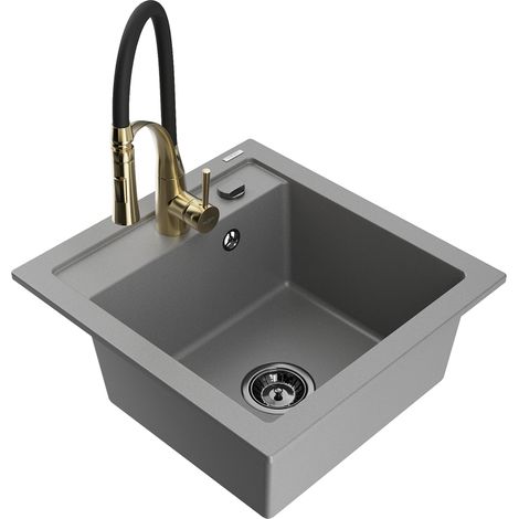 Mexen Vito évier en granit 1 bac avec robinet Aster, gris - 6503-71-73450-57-B (1/5)