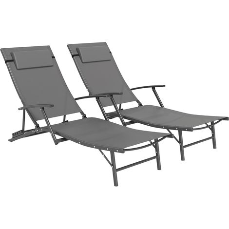 Set 2 Sdraio da Giardino Pieghevoli 64x154x87A cm con Schienale Regolabile e Cuscino Grigio (1/5)