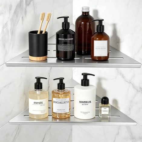 Lot de 2 Étagères d’Angle pour Douche en Acier INOX 304 étagère d’Angle Mural 1,5mm d'ép. Encastrée dans Le carrelage avec Fentes d’écoulement pour Salle de Bain et Cuisine (Brossée, 254mm) (1/5)