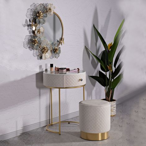Escritorio de Tocador Mbale, Mueble de Maquillaje con un Cajón, Tapizado de Terciopelo Acolchado, Crema, 52x52x70h cm Blanco Crema (1/5)
