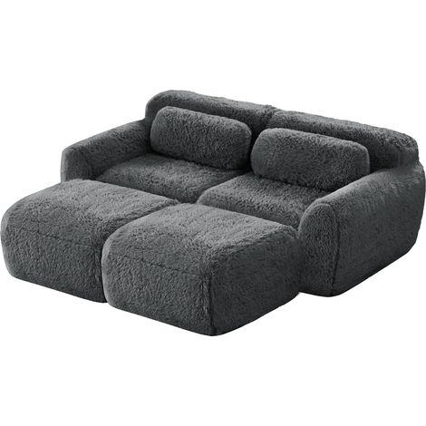 Divano modulare 2 posti in tessuto peluche grigio con 2 ottomani, senza montaggio (1/5)
