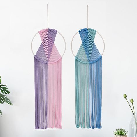 Lot de 2 tentures murales bohèmes en macramé, tapisserie tissée à pompons, décoration murale moderne et chic, pour appartement, dortoir, salon (1/5)