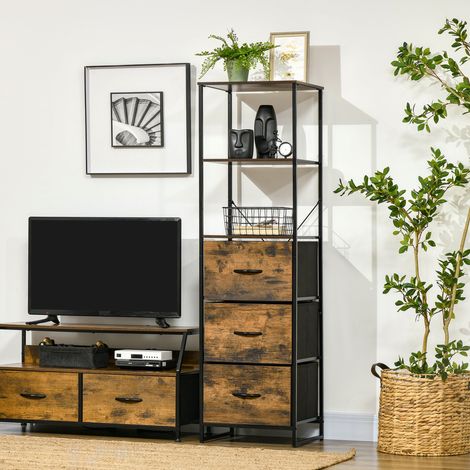 Meuble de rangement avec étagères et 3 tiroirs en tissu pliables amovibles. style industriel. dim. 44L x 40l x 155H cm