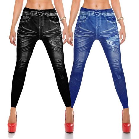 TRADE SHOP - 2 Leggings Modello Farfalla Jeans 1 Blu 1 Nero Taglia Unica Cod.5241 - (1/2)