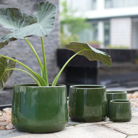 Lot de 4 pots de fleurs en céramique 50x50x44 cm vert foncé, avec drainage, pour balcon – MEUBLIV (1/5)