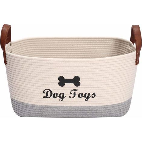 BelleRise - Le Panier à Jouets pour Chien tissé en Corde de Coton, poignée de Ceinture en Cuir, Convient pour Ranger Les Jouets -Beige Gris (1/5)