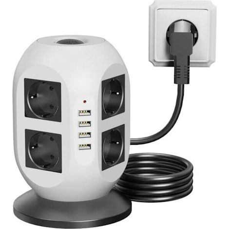 Rallonge USB avec 8 prises, 8 ports USB et protection contre les surtensions — Longueur : 2 mètres, double interrupteur — Convient pour la maison et le bureau (1/5)