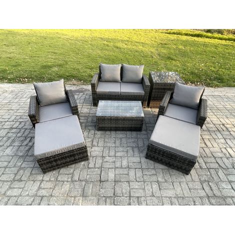 Fimous 6 Seater Dark Grey Outdoor Rattan Garden Furniture Set Patio Lounge Sofa Rectangular Coffee Table with Side Table 2 Big Footstool (1/5)