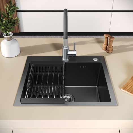 ELEGANT Kitchen Sinks Single Bowl Sinks Set with Swivel Tap Extendable Over-Sink Drainer, Black Stainless steel 500×450×200mm (1/5)