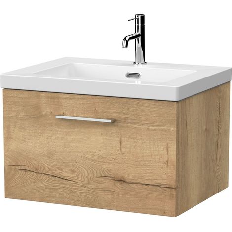 Pershall Contemporary Wall Hung 1 Drawer Vanity Unit with 1 Tap Hole Fireclay Basin, 600mm, Autumn Oak