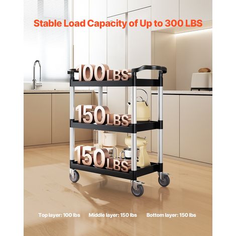 Chariot de Service, 880x410x990 mm, Desserte à Roulettes Utilitaire en Plastique à 3 Niveaux, avec Roues Pivotantes 360° (2 avec Fr… (1/5)