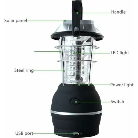 Solarlaterne, ultrahelles LED-Campinglicht, 2 einstellbare Beleuchtungsmodi, 5 Lademethoden, mit Handkurbeldynamo, lange Leuchtdauer für Camping, Wandern, Angeln, Notfall (1/5)