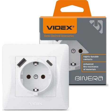 Videx Binera, conector Schuko único tipo F blanco, USB-A + USB-C (1/5)