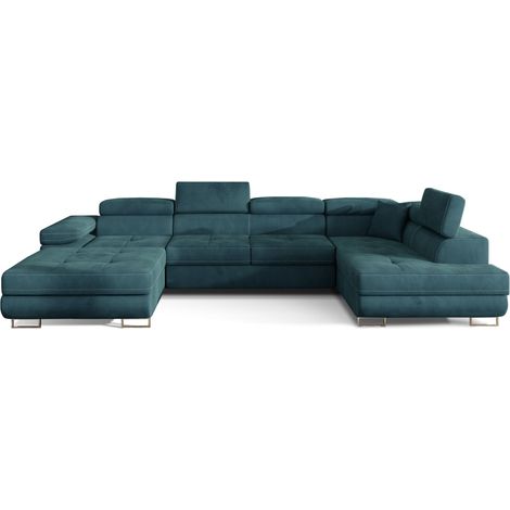 Les Tendances – Canapé panoramique convertible velours – Rangement sous méridienne – 4 têtières réglables – Dimensions couchage 125x266 cm – Vert (1/5)