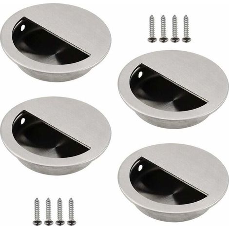 Lot de 4 Poignées Encastrables en Acier Inoxydable Argenté Poignée de Porte Coulissante Ronde Ø50mm avec un Trou Demi-Circulaire de 40 x 20mm Facile à Tirer - pour Porte Coulissante ou Autres Meubles (1/4)