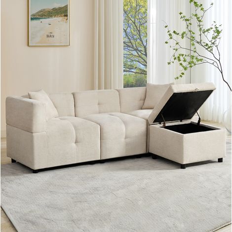 Sofá Modular 204x126x69 Cm Chenilla Beige, 3 Plazas Puf Baúl Modulable Y 2 Cojines (1/5)