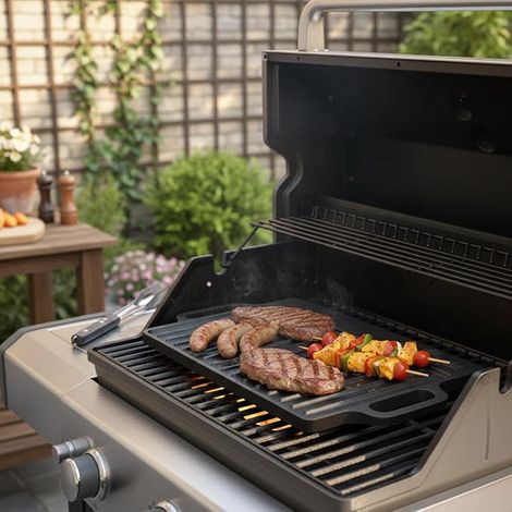 Plaque de cuisson en fonte avec poignées - 40 x 20,5 cm - Poêle à griller utilisable des deux côtés - Rectangulaire et massive - Pour charbon de bois et gaz - Accessoires de (1/4)