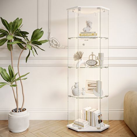 Vitrine, Led Vitrine en Verre, Pentagonale Quatre Niveaux Armoire Vitrine, Applicable à Aalon, Chambre Bureau Utilisé Exposer œuvres D'art ou L'artisanat (Blanc (bande LED)) (1/5)