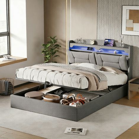 Lit coffre 140x190 cm avec sommier LED et USB, lit adulte 140x190 cm avec tête de lit rangement, sommier à lattes, 2 personnes, Lin Gris (1/5)