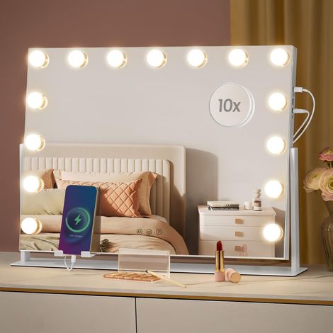 Miroir Coiffeuse, 58 x 43 cm, Contrôle Tactile, 15 Ampoules LED, Ports de Charge, Miroir Grossissant Détachable 10X, 3 Températures de Couleur, Support de Téléphone, Blanc Mat (1/5)