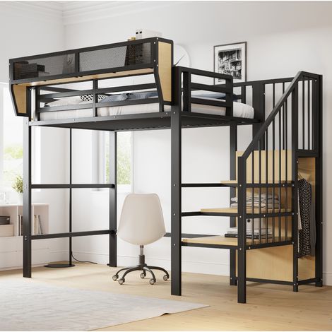 Letto rialzato 90x200 cm con scala e ripiano portaoggetti, struttura in metallo, nero, senza materasso (1/5)