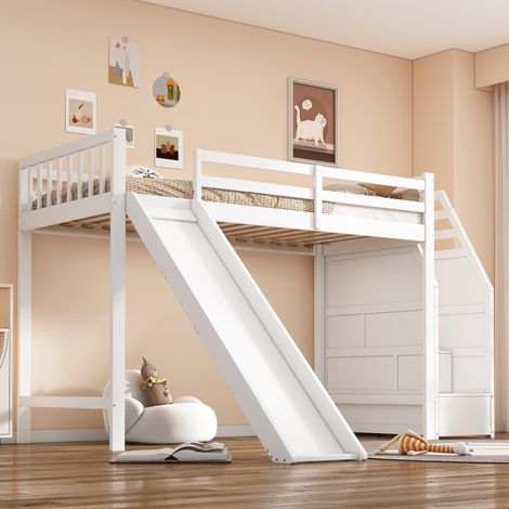 Lit superposé 90 x 200 cm, lit enfant, échelle en position optionnelle, avec toboggan, barrière de sécurité amovible, échelle de rangement, certifié EN747, sans matelas, blanc